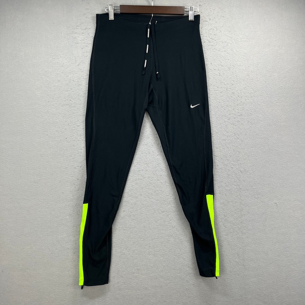 Nike Running Pants Mens Large Black Neon Yellow Dri-Fit Ankle Zip Compression